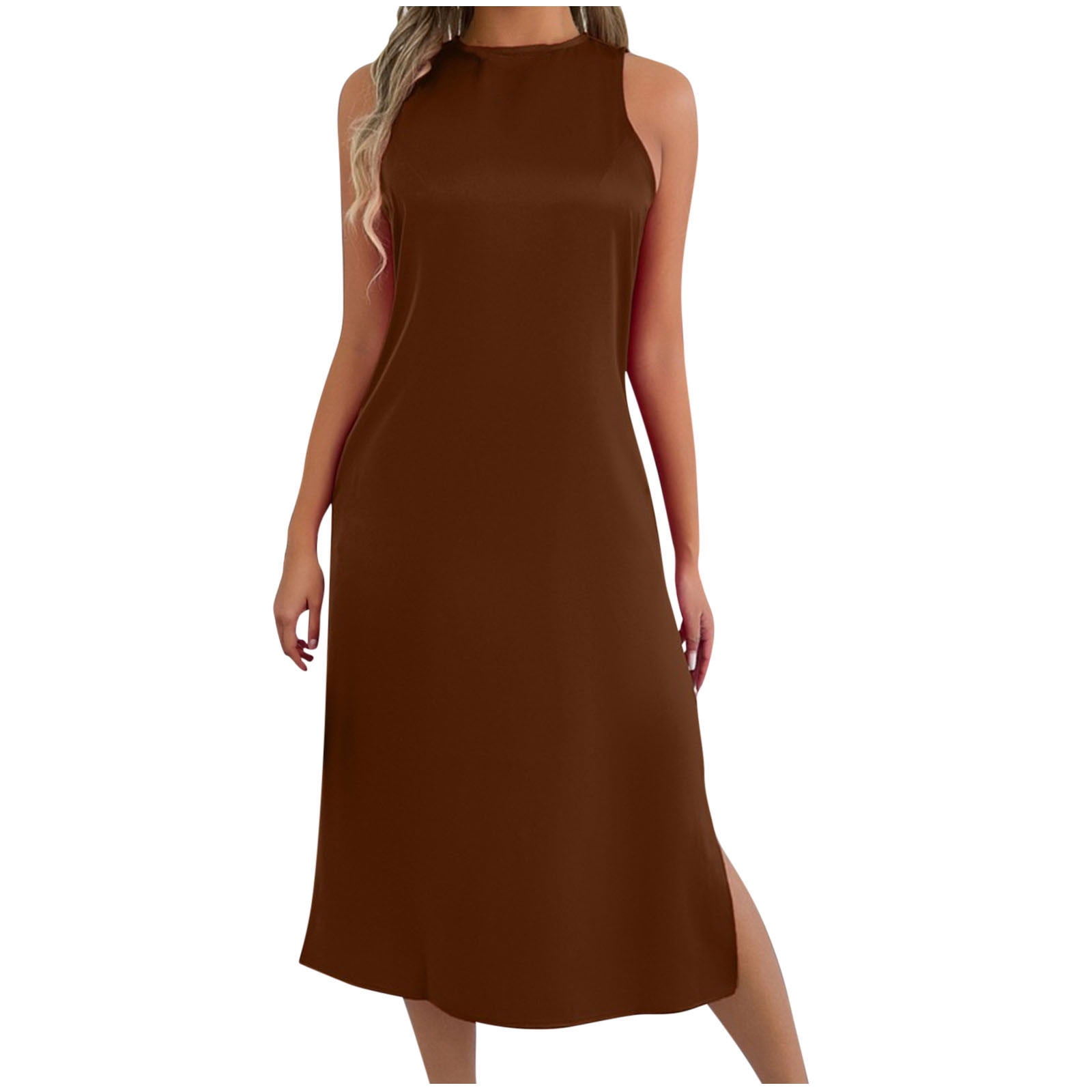 SMihono Formal Satin Dress for Women Minimalist Elegant Crewneck Sleeveless Long Slit Side Cocktail Party Dresses Brown L - Walmart.com SMihono Formal Satin Dress for Women Minimalist Elegant Crewneck Sleeveless Long Slit Side Cocktail Party Dresses Brown L - Walmart.com