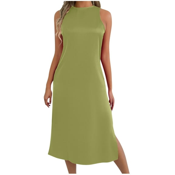 SMihono Formal Satin Dress for Women Minimalist Elegant Crewneck Sleeveless Long Slit Side Cocktail Party Dresses Green S