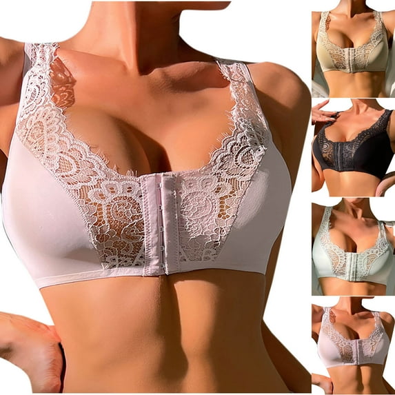 SMihono Front Close Lace Bra for Women Wireless Comfy Post Stylish Padded Support Wirefree Bra Racerback T-Shirt Bra Bralette Black L US(8)