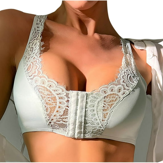 SMihono Front Close Lace Bra for Women Wireless Comfy Post Stylish Padded Support Wirefree Bra Racerback T-Shirt Bra Bralette Green L US(8)