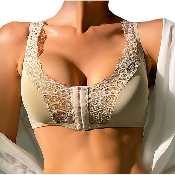 SMihono Front Close Lace Bra for Women Wireless Comfy Post Stylish Padded Support Wirefree Bra Racerback T-Shirt Bra Bralette Khaki XXXXXL US(18)