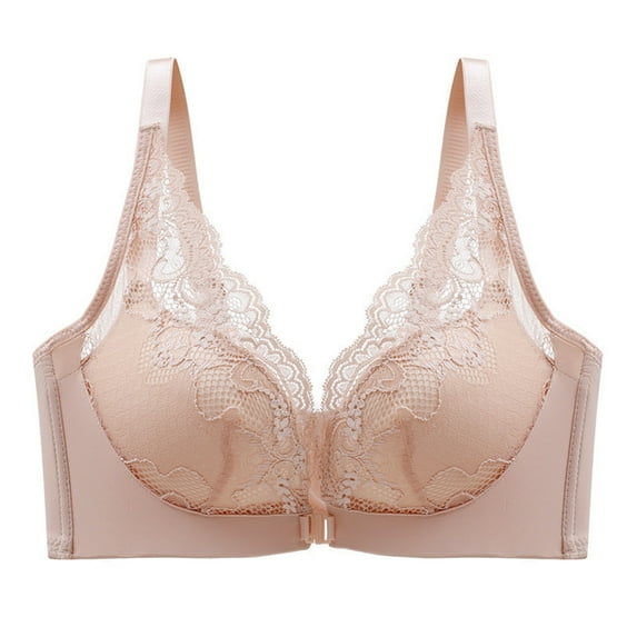 SMihono Front Closure Bras for Womens Lace Embroidery Comfort Wireless Push-Up Bralette Full Coverage Women's Sleep Bra Khaki XL US(10)