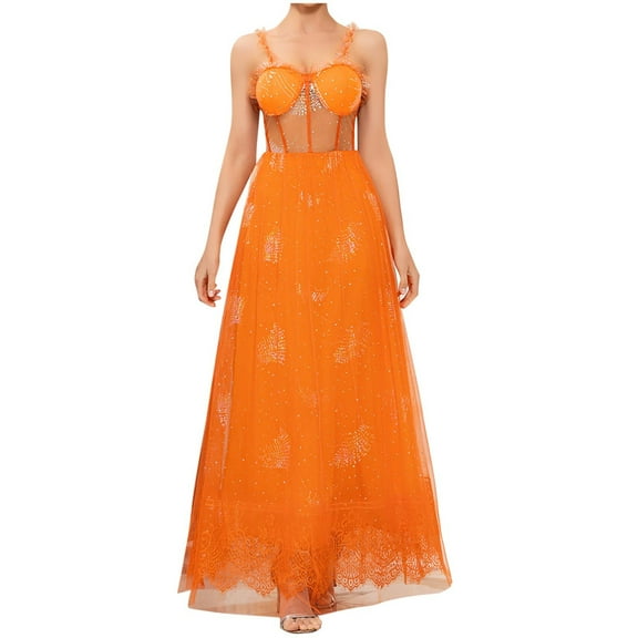 SMihono Glitter Patchwork Prom Dress Trendy Comfy Spaghetti Straps Ball Gown Sweetheart Formal Party Maxi Dress Backless Sundress Orange L