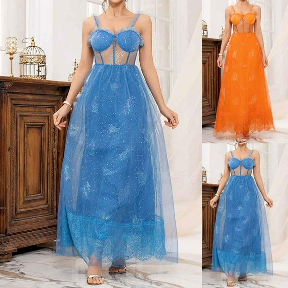SMihono Glitter Patchwork Prom Dress Trendy Comfy Spaghetti Straps Ball Gown Sweetheart Formal Party Maxi Dress Backless Sundress Orange M
