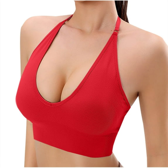 SMihono Halterneck Sports Bras for Women Backless Deep V Neck Sports Bustier Sexy Gym Push Up Bra Adjustable Straps Bras Tops Red 8