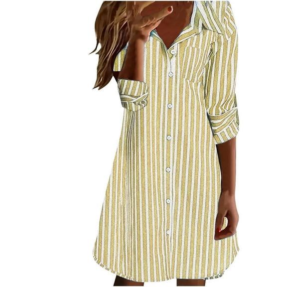 SMihono High Neck Dresses for Juniors Fall Summer Long Sleeve Midi Knee Length Striped Dresses Women 2025 Regular Fit Yellow L