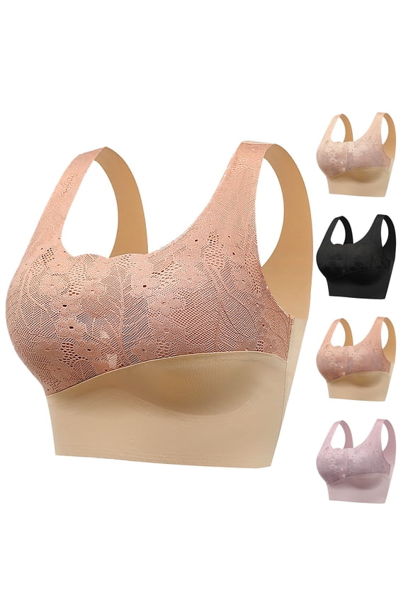 High Support Sports Bra for Women Lace Padded Gathering Everyday Bra Stretchy Full Coverage Wire-Free Push Up Bras Beige 12