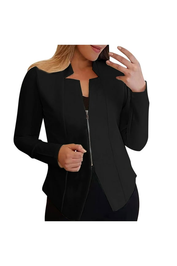 Holiday Trendy Women's Fashion Hot Selling Workplace Cardigan Zipper Small Suit Long Sleeved Cardigan Jacket Womens Fuzzy Fleece Hoodless Casual Outwear Coats Black 6
