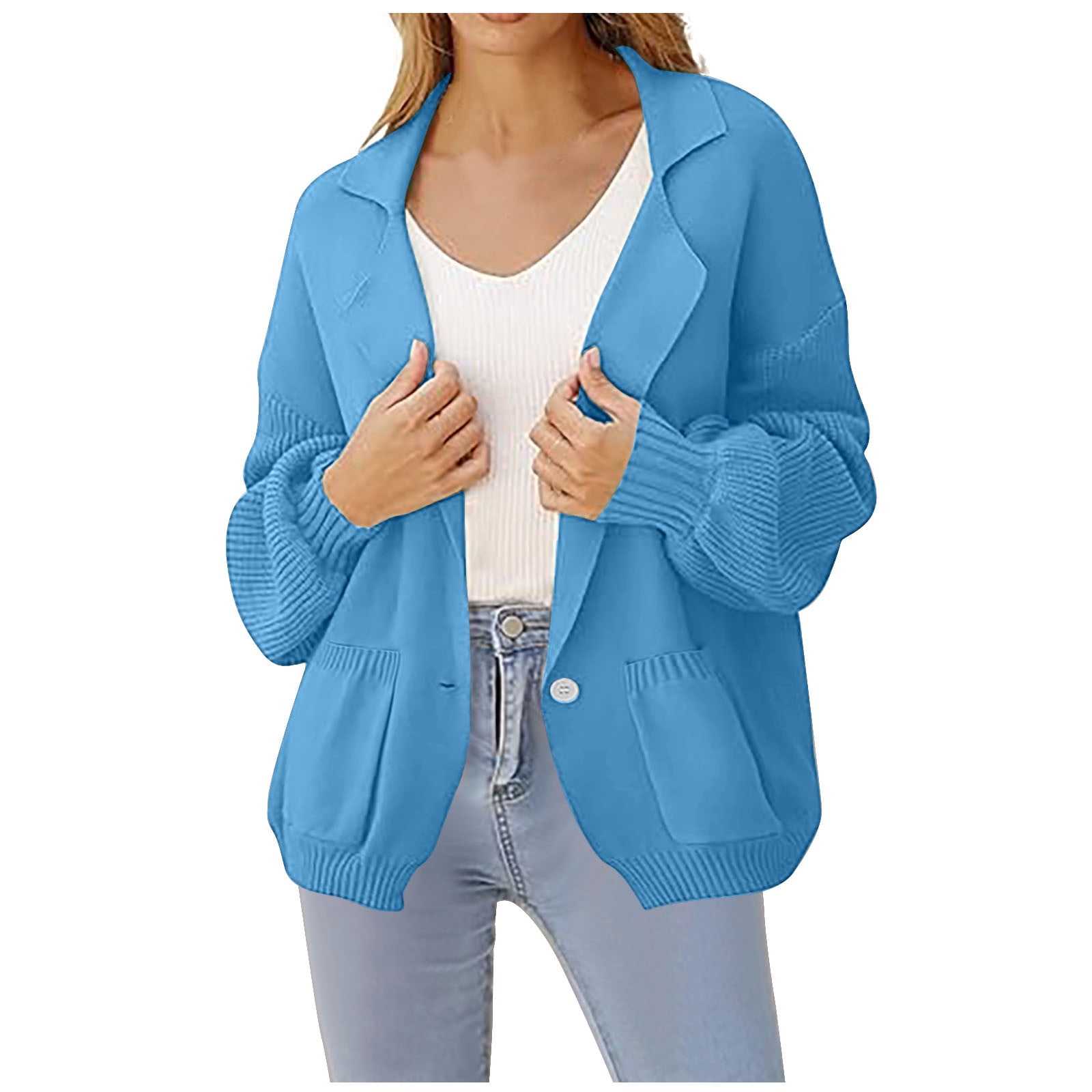 SMihono Holiday Savings Womens Fleece Plush Open Front Cardigan Coat Women Casual Solid Long Sleeve Collared Open Front Knit Cardigan Ribbed Sweater