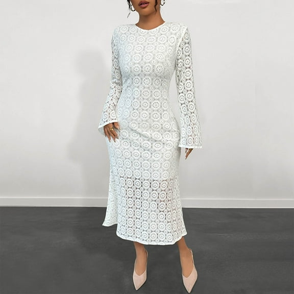 SMihono Hollow Embroidered Lace Wedding Guests Dresses for Women Elegant Long Sleeve Formal Cocktail Party Midi Pencil Dress White XL