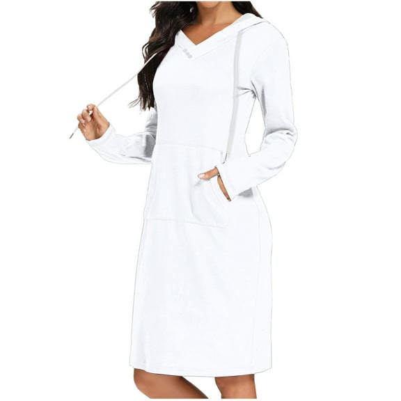 SMihono Hoodie Dress for Women with Pocket Spring Fall Long Sleeve Casual V Neck Drawstring Pullover Hooded Sweatshirt Dress White 12