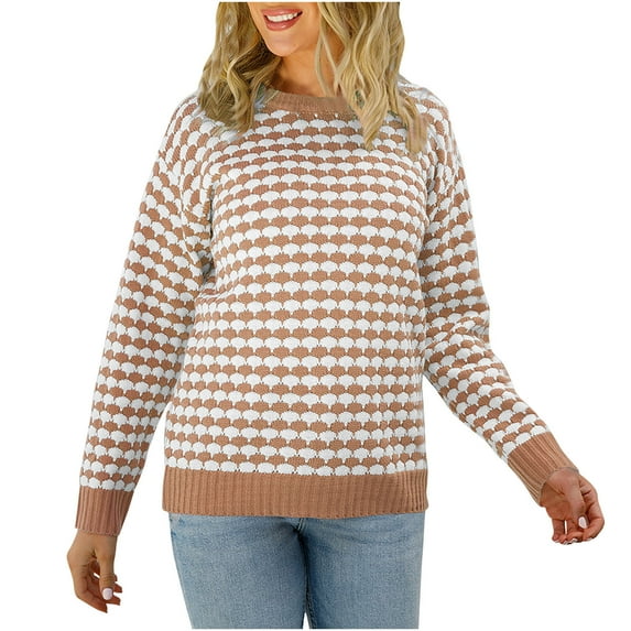 SMihono Knitting Pullover Short Sweaters for Women Loose Casual Womens Long Sleeve Houndstooth Print Fashion Ladies Sweaters Tops Crew Neck Female Leisure Khaki M