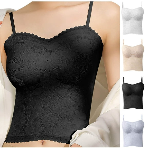 SMihono Lace Bralette for Women Adjustable Spaghetti Strap Tank Top Wavy Trim V Neck Wireless Push up Padded Bra Beige 6