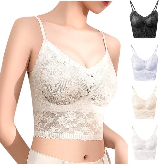 SMihono Lace Bralette for Women Adjustable Spaghetti Strap Tank Top Wavy Trim V Neck Wireless Push up Padded Bra Black 6