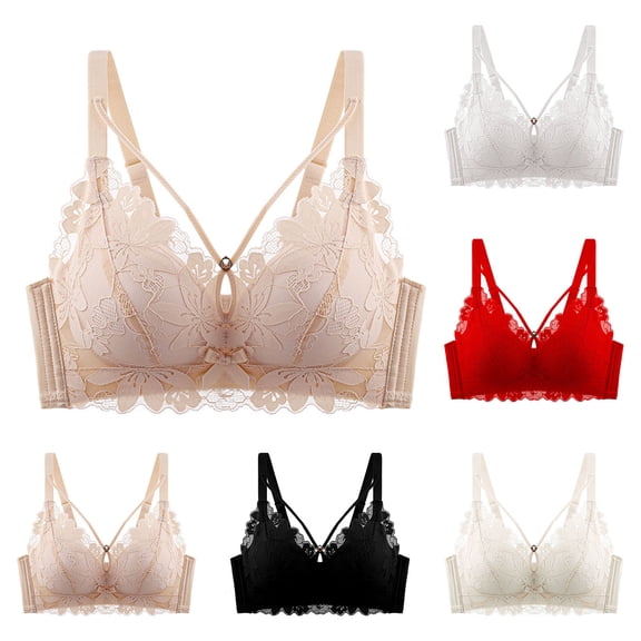 SMihono Lace Bras for Women No Underwire All Day Comfort Everyday Bra Deep V Hollow-Out Full Coverage Push-Up Bralettes Black XL