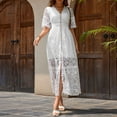 thumbnail image 1 of SMihono Lace Floral Babydoll Midi Dress 2025 Deep V-Neck Boho Beach Dresses, Short Sleeve Ruffle Flowy Sundress Summer Casual White S, 1 of 8