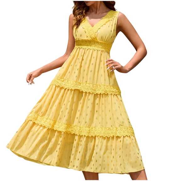 SMihono Lace Trim Boho Flowy Maxi Dress for Women 2025 Summer V Neck Sleeveless Elegant Tiered Swing Beach Dresses Yellow M