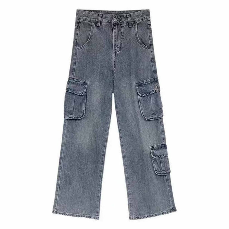 SMihono Ladies Full Length Jeans Denim Pants Cargo Pants Women's Vintage  Denim Pants Vintage Washed Old Wide Leg Denim Straight Barrel Workwear  Pants 