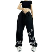 SMihono Ladies Full Length Sweatpants Cargo Pants Women Teen Girls Pants Hippie Punk Trousers Streetwear Jogger Pocket Solid Loose Overalls Long Pants Black 8