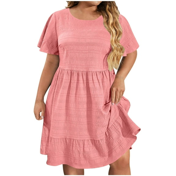 SMihono Ladies Oversized Boat Neck Dresses for Women Short Sleeve Midi Knee High Plain Summer Fall Dresses 2025 Trendy Y2K Pink L