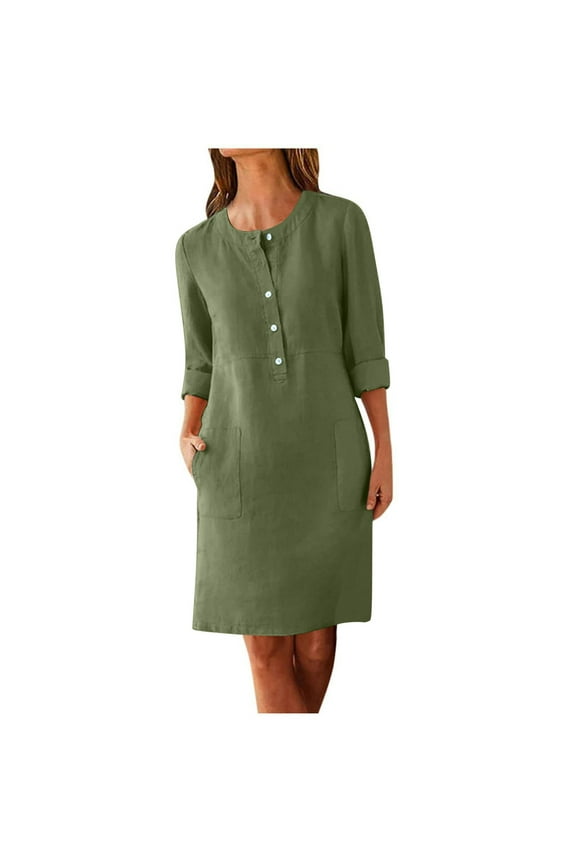 Linen Cotton Dress for Women 2025 Button Shirt Dress Long Sleeve Round Neck Dressy Casual Mini Dresses with Pockets Army Green M