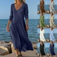 thumbnail image 1 of SMihono Linen Dresses for Women Flowy V Neck Short Sleeve 2025 Maxi Dress Lightweight Summer Beach Vacation Clothes Beige L, 1 of 6
