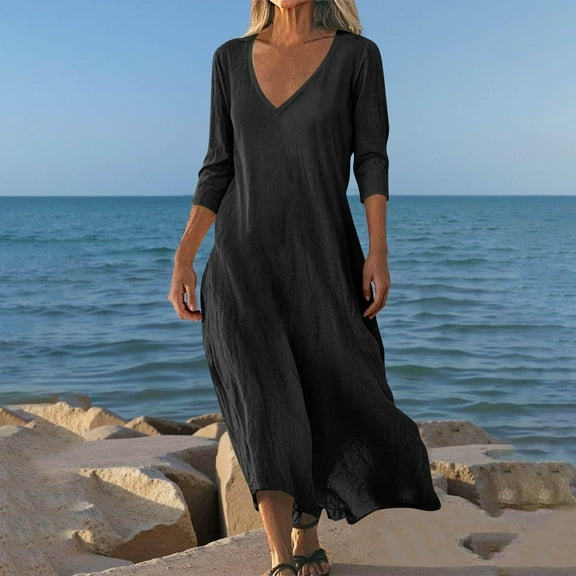 SMihono Linen Dresses for Women Flowy V Neck Short Sleeve 2025 Maxi Dress Lightweight Summer Beach Vacation Clothes Black S