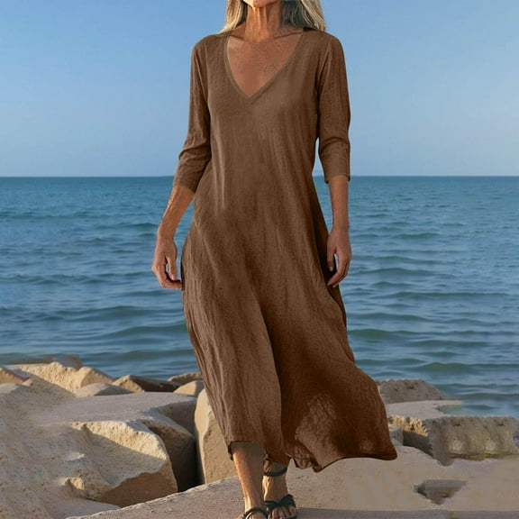 SMihono Linen Dresses for Women Flowy V Neck Short Sleeve 2025 Maxi Dress Lightweight Summer Beach Vacation Clothes Brown S