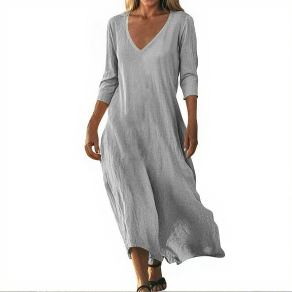 SMihono Linen Dresses for Women Flowy V Neck Short Sleeve 2025 Maxi Dress Lightweight Summer Beach Vacation Clothes Gray XXL