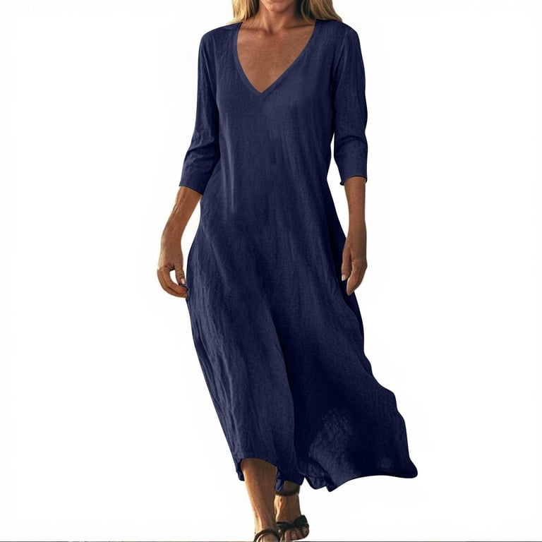 SMihono Linen Dresses for Women Flowy V Neck Short Sleeve 2025 Maxi Dress  Lightweight Summer Beach Vacation Clothes Navy L - Walmart.com