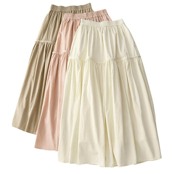 SMihono Linen Skirts for Women Elastic High Waisted Vintage 2025 Summer Flowy Ruffle A Line Midi Skirts with Pockets Beige 10