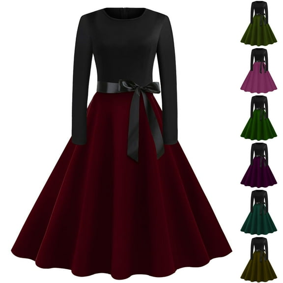 SMihono Long Sleeve Dress for Women Vintage Hepburn Style Swing Dress Color Block Formal Church Dresses for Cocktail Brown XL