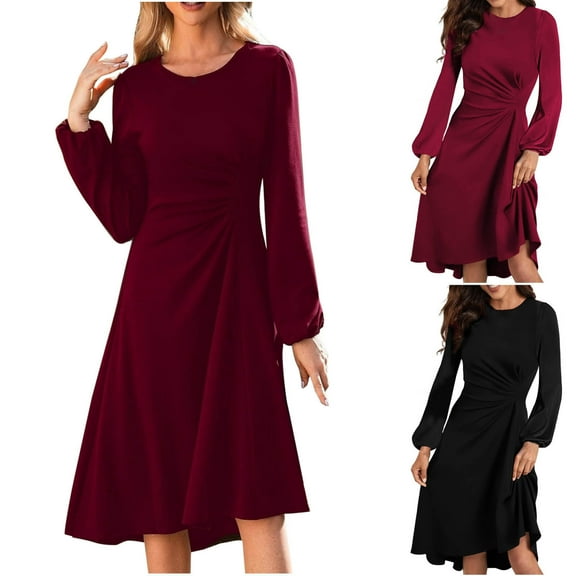 SMihono Long Sleeve Midi Dresses for Women 2025 Fashion Solid Color Pleated Dress Casual Plus Size Crew Neck Dress Flowing Spring Dress Black 8