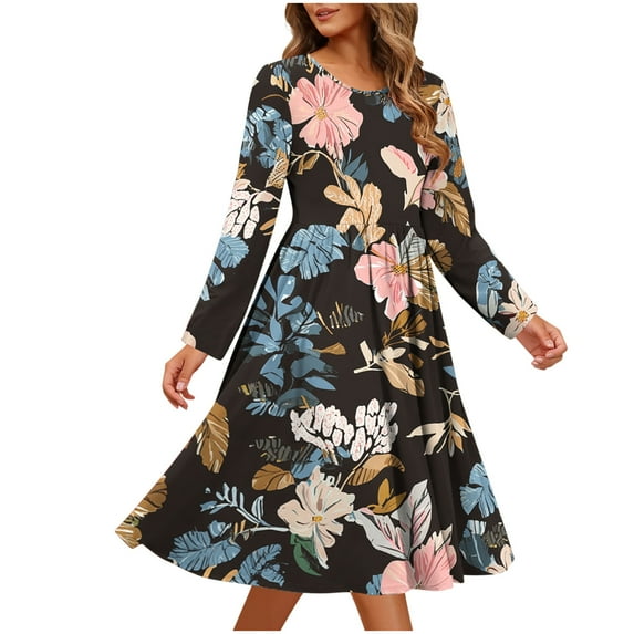 SMihono Long Sleeve Round Neck Dress Casual Printed Dress Lightweight Breathable Comfortable Perfect for Daily Work Party Home Vacation Women's Fashion Dresses Khaki L