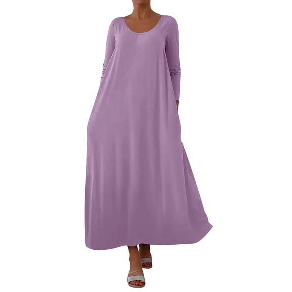 SMihono Long Sleeve Round-Neck Dress Casual Women's Fashion Solid Color Comfortable V-neck Stylish with Pockets Daily Wear Fashionable Outfit Purple M