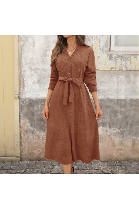 Long Sleeve Shirt Dresses for Women 2025 Fall Elegant Belted Empire Waist Loose Collared V Neck A-Line Midi Dress Coffee L