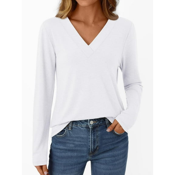 SMihono Long Sleeve Shirts Women Classic Tops V Neck Casual Dressy Top Comfortable Shirt Soft Work Basic Tees Tunic Blouses White M