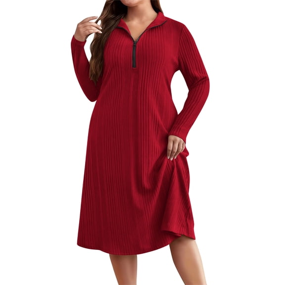 SMihono Long Sleeve Turndown Collar Dress Plus Size Loose Fit Half Zipper Stylish Soft Comfortable Long Skirt Casual Daily Wear 适合春季的女士连衣裙 Red XXXXXL