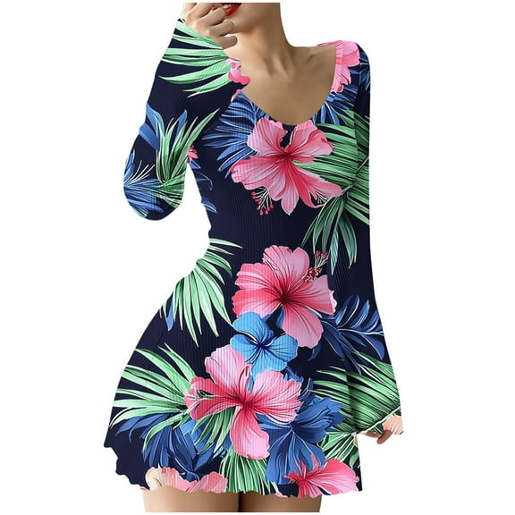 SMihono Long Sleeve V-Neck Dress Casual Elastic Waist High Waist Fashionable Pleated Non-Positioning Printing Comfortable Fabric Women's Dresses Everyday Wear Hot Pink M