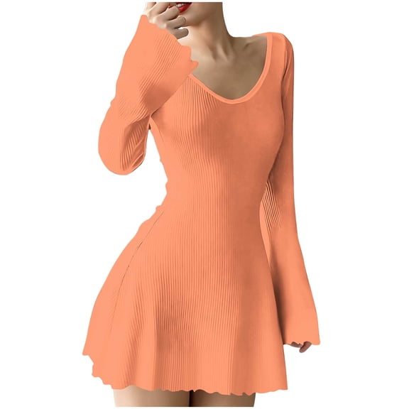 SMihono Long Sleeve V-Neck Dress Casual Elastic Waist High Waist Pleated Non Positioning Printing Regular Length Standard Thickness Dress for All Season Everyday Wear Orange S