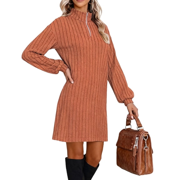 SMihono Long Sleeve V-Neck Dress Turn-Down Collar Ribbed Half-Zip Loose Straight-Leg Casual Dress Soft Stretchy Knit Fabric Ideal for Winter Office and Weekend Wear Orange XL