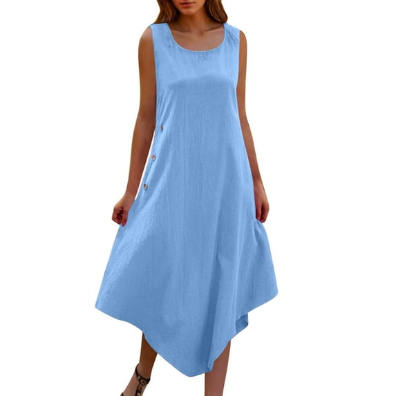 SMihono Loose Fit Dress for Women Fall Summer Sleeveless Crew Neck Linen Maxi Long Basic High Low Dress Women 2025 Blue L