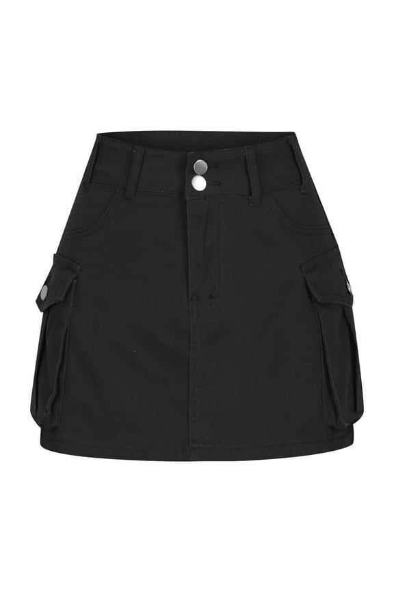 Low Waist Cargo Skirt Women Button Mini Cargo Denim Skirt with Pocket Mini Skirt Y2k Bodycon Jean Short Skirts Black 6
