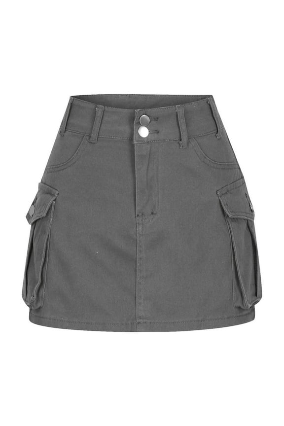 Low Waist Cargo Skirt Women Button Mini Cargo Denim Skirt with Pocket Mini Skirt Y2k Bodycon Jean Short Skirts Gray 4