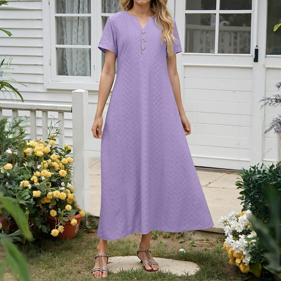 SMihono Maxi Dresses for Women 2025 Short Sleeve Solid Casual Dresses Button V Neck Summer Boho Beach Dress with Pockets Purple L