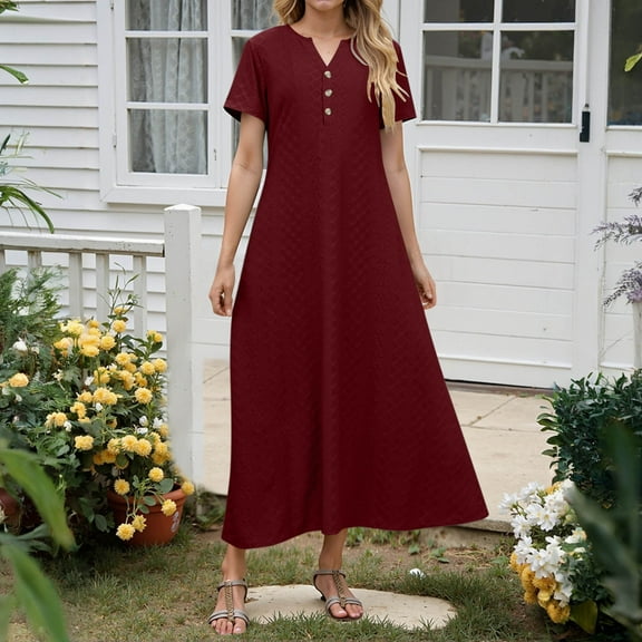 SMihono Maxi Dresses for Women 2025 Short Sleeve Solid Casual Dresses Button V Neck Summer Boho Beach Dress with Pockets Red XL