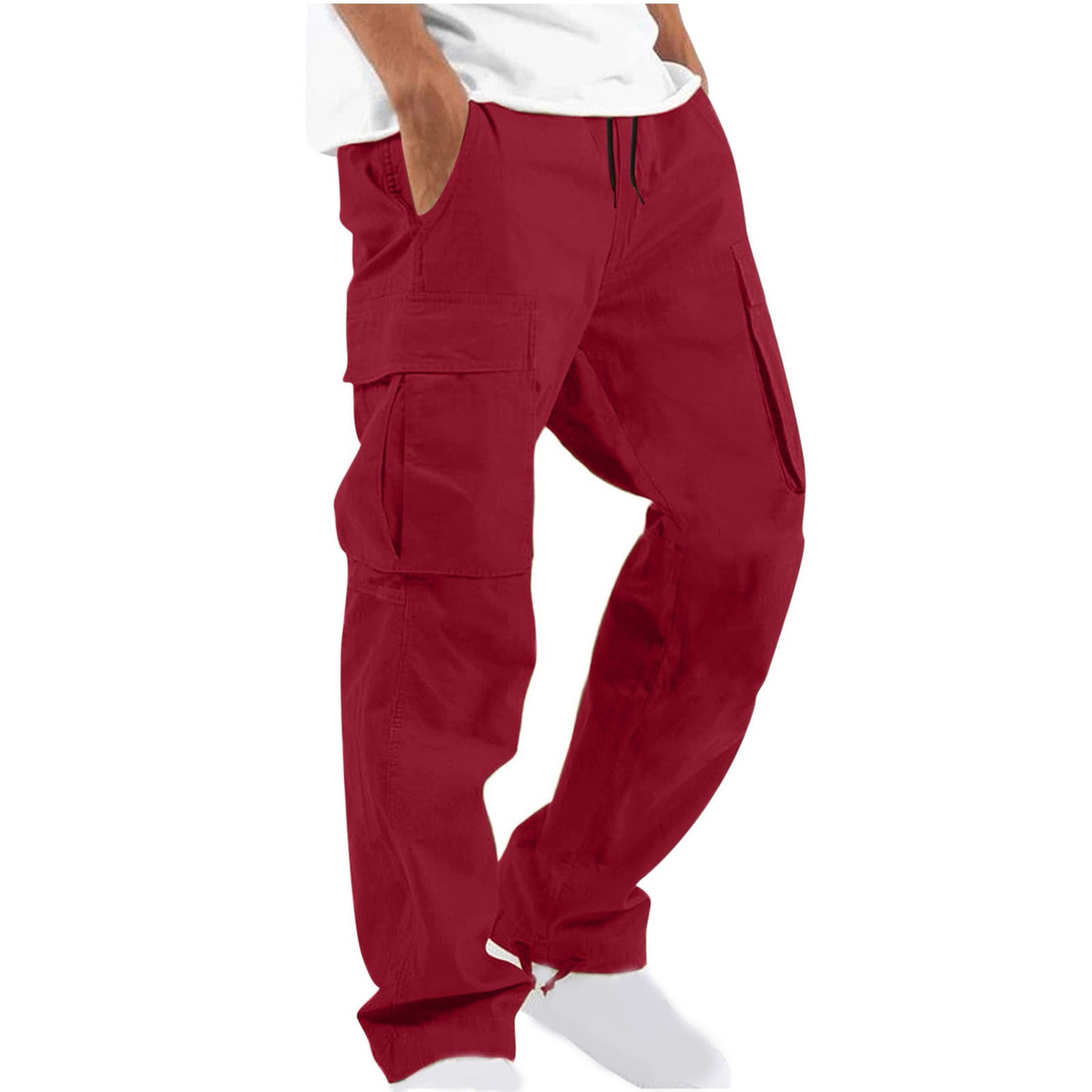 SMihono Men Solid Casual Multiple Pockets Outdoor Straight Type Fitness Pants Cargo Pants Beach Trousers Rugged Stretch Jogger Utility Sweatpants