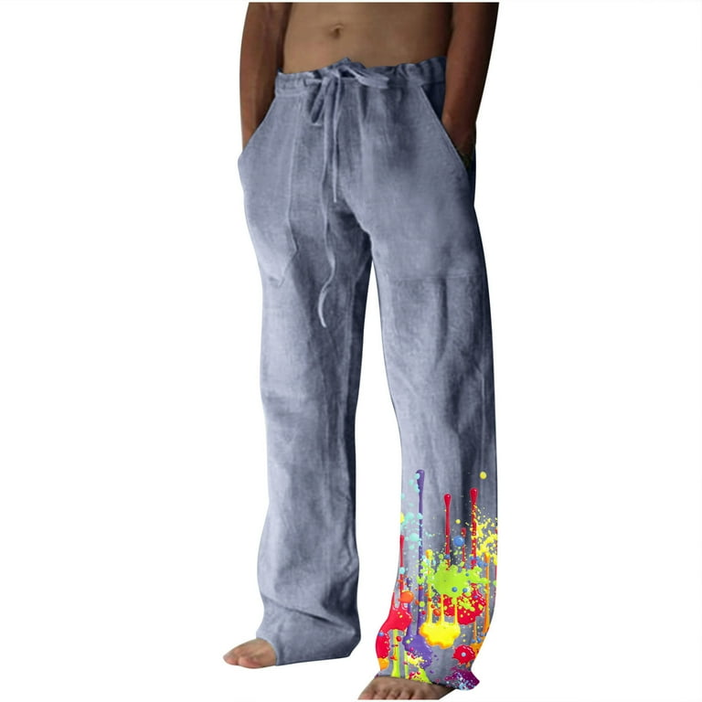 SMihono Men s Cotton Linen Wide Leg Pants Printed Lace Up Leisure Sports Holiday Pants Beach Trousers Rugged Stretch Jogger Utility Sweatpants Summer