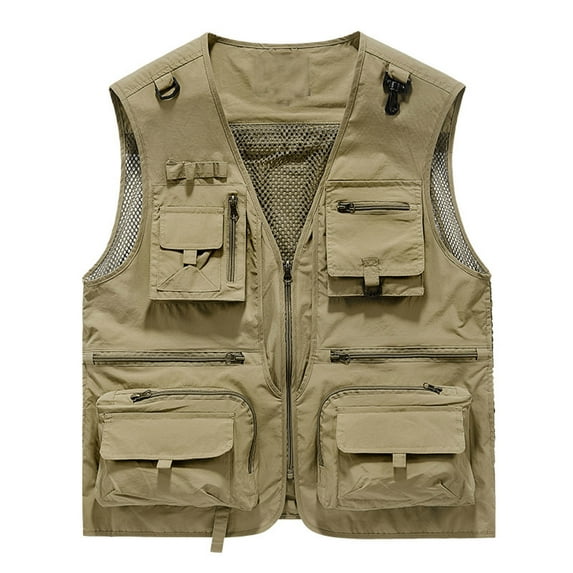 SMihono Men's Mesh Multi-Pocket Zipper V-Neck Casual Quick Dry Loose Vest Mountaineering Work Outdoor Vests Khaki 10