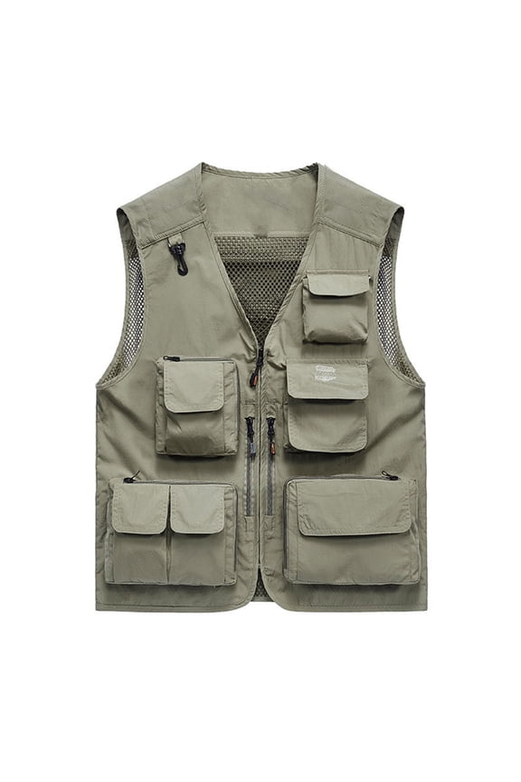 Men's Mesh Multi-Pocket Zipper V-Neck Casual Quick Dry Loose Vest Mountaineering Work Outdoor Vests Khaki M